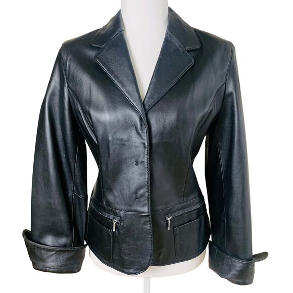 Vintage I.E. Size M Womens 100% Leather Blazer Jacket Black Outdoor Classic Soft - Picture 1 of 15